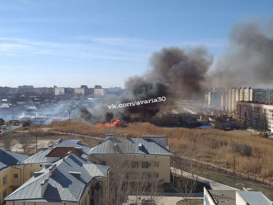Район онкологии заволокло дымом: в Астрахани на большой площади горит камыш