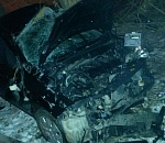 Ночью в Астрахани автомобиль вылетел на тротуар и застрял в деревьях