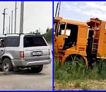 На окраине Астрахани самосвал едва не протаранил джип