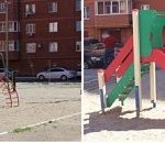 В Астрахани застройщик привел в порядок качели во дворе новостройки, сломанные вандалами